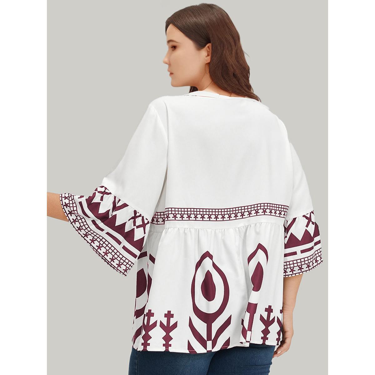 Plus Size Scarlet Silhouette Floral Print Bell Sleeve Ruffle Hem Blouse Women Vacation Elbow-length sleeve V-neck Dailywear Blouses BloomChic 30/6X Product Image