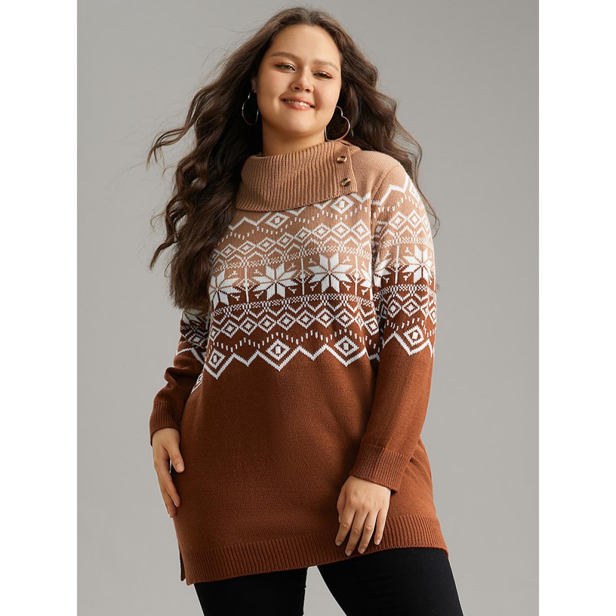 Plus Size Snowflake Print Button Detail Split Side Pullover Multicolor Women Casual Loose Long Sleeve Lapel Collar Festival-Christmas Pullovers BloomChic 22-24/3X Product Image