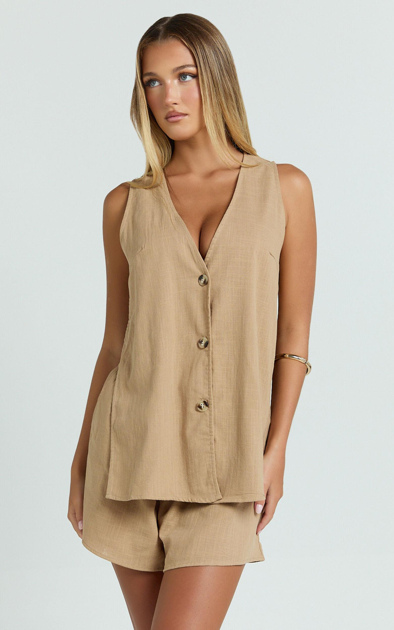 Devon Two Piece Set - Open Side Detail Top & Short Linen Set in Biscuit Product Image
