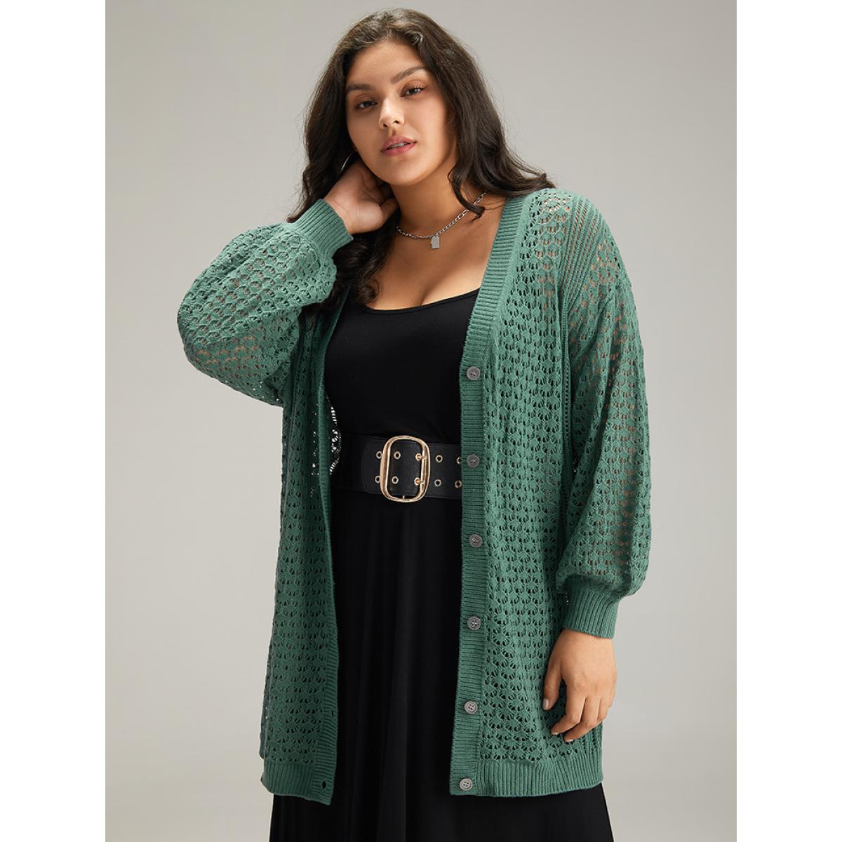 Plus Size Solid Hollow Out Button Through Cardigan Emerald Women Casual Loose Long Sleeve Dailywear Cardigans BloomChic 10/M Product Image