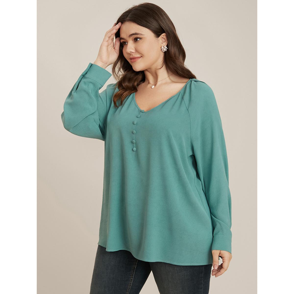 Plus Size Mint Solid V Neck Button Detail Blouse Women Office Long Sleeve V-neck Office Blouses BloomChic 18-20/2X Product Image