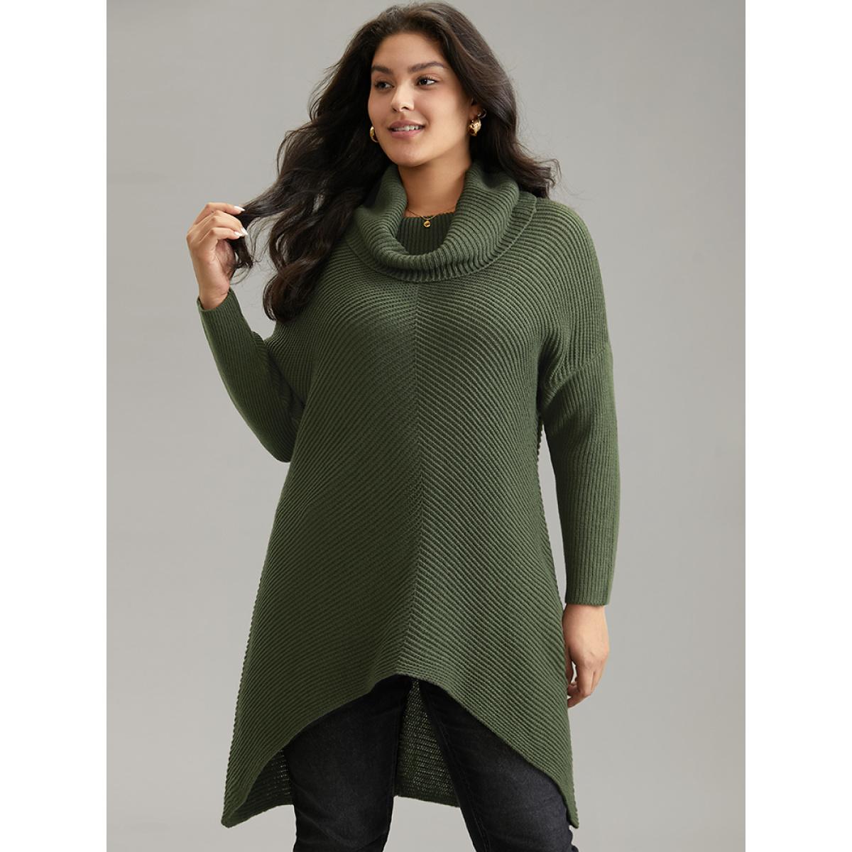 Plus Size Turtle Neck Plain Asymmetrical Hem Drop Shoulder Pullover ArmyGreen Women Casual Loose Long Sleeve Turtleneck Dailywear Pullovers BloomChic 14-16/1X Product Image