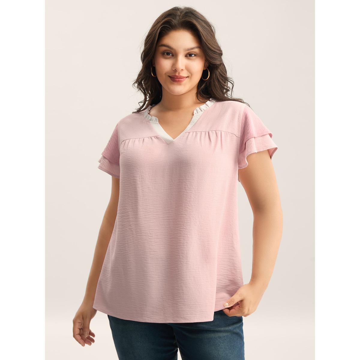 Plus Size Nudepink Color Contrast Ruffled Notched Collar Blouse Women Short sleeve Notched collar Everyday-Elegant Blouses BloomChic 10/M Product Image