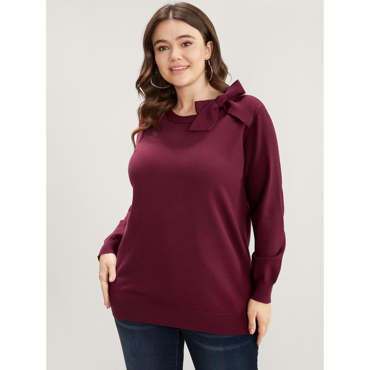 Plus Size Solid Soft Sexy Yarn Knit Knotted Neck Knit Top Scarlet Women Elegant Long Sleeve Tie Neck Dailywear Pullovers BloomChic 12/L Product Image