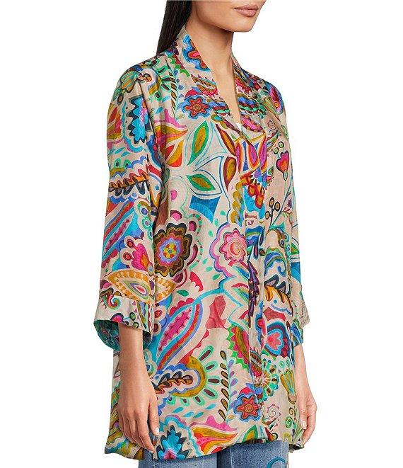 JOHNNY WAS Silk Filaree Gillian Mix Reversible Print Coordinating Open Front 3/4 Sleeve Kimono Product Image