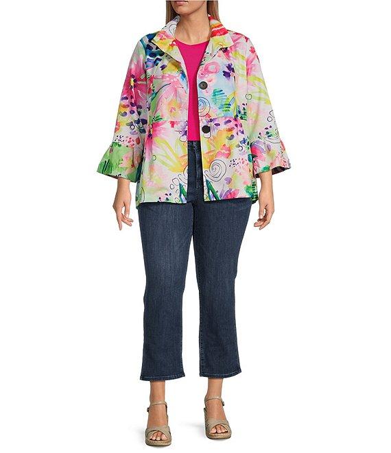 Ali Miles Plus Size Woven Abstract Wire Collar 3/4 Sleeve Button-Front Jacket Product Image