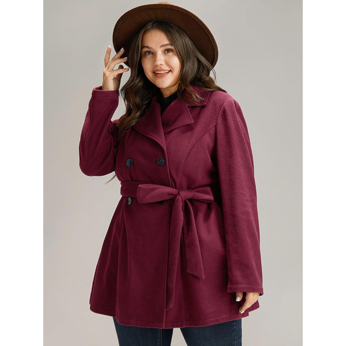 Plus Size Plain Button Up Belted Lapel Collar Coat Women Burgundy Casual Plain Ladies Dailywear Winter Coats BloomChic 10/M Product Image