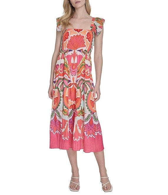 Vince Camuto Printed Square Neck Sleeveless Tiered Midi Dress Product Image
