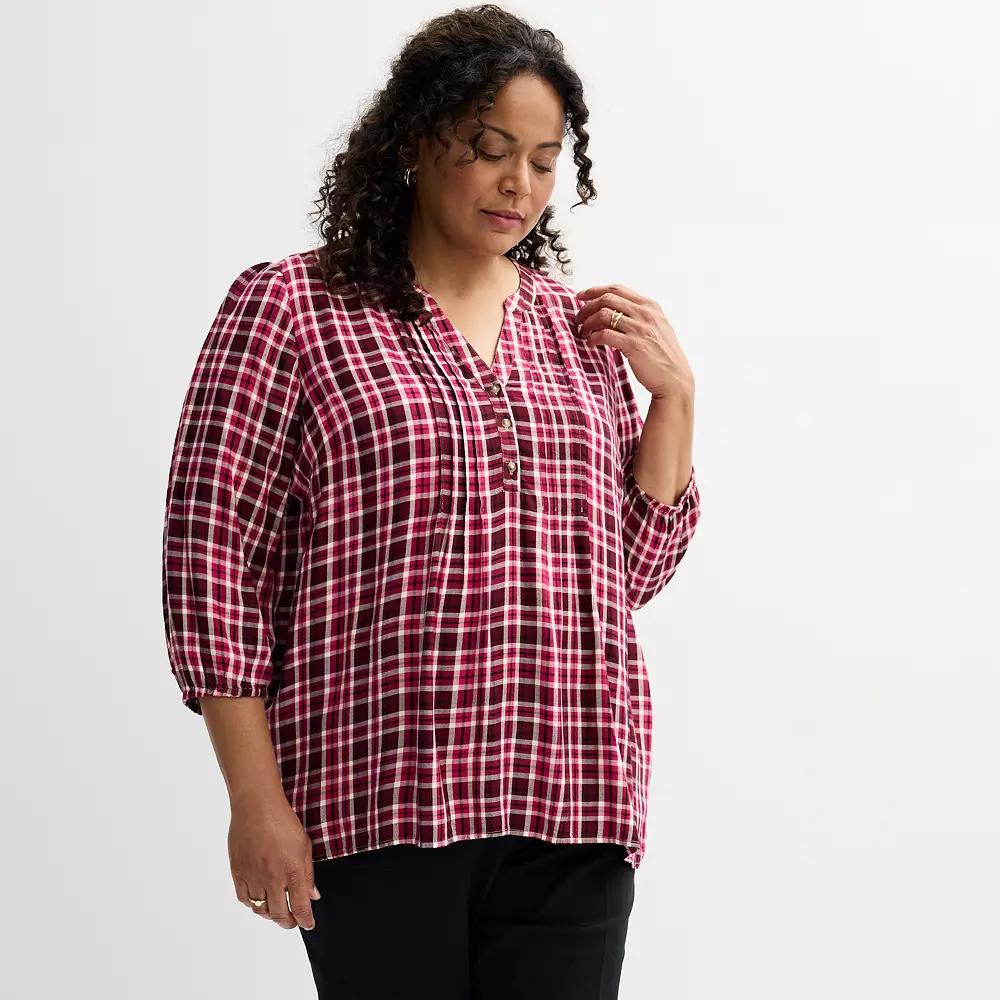 Plus Size Croft & Barrow® Plaid Pintuck Top, Women's, Size: 1XL, Festive Pink Plaid Product Image