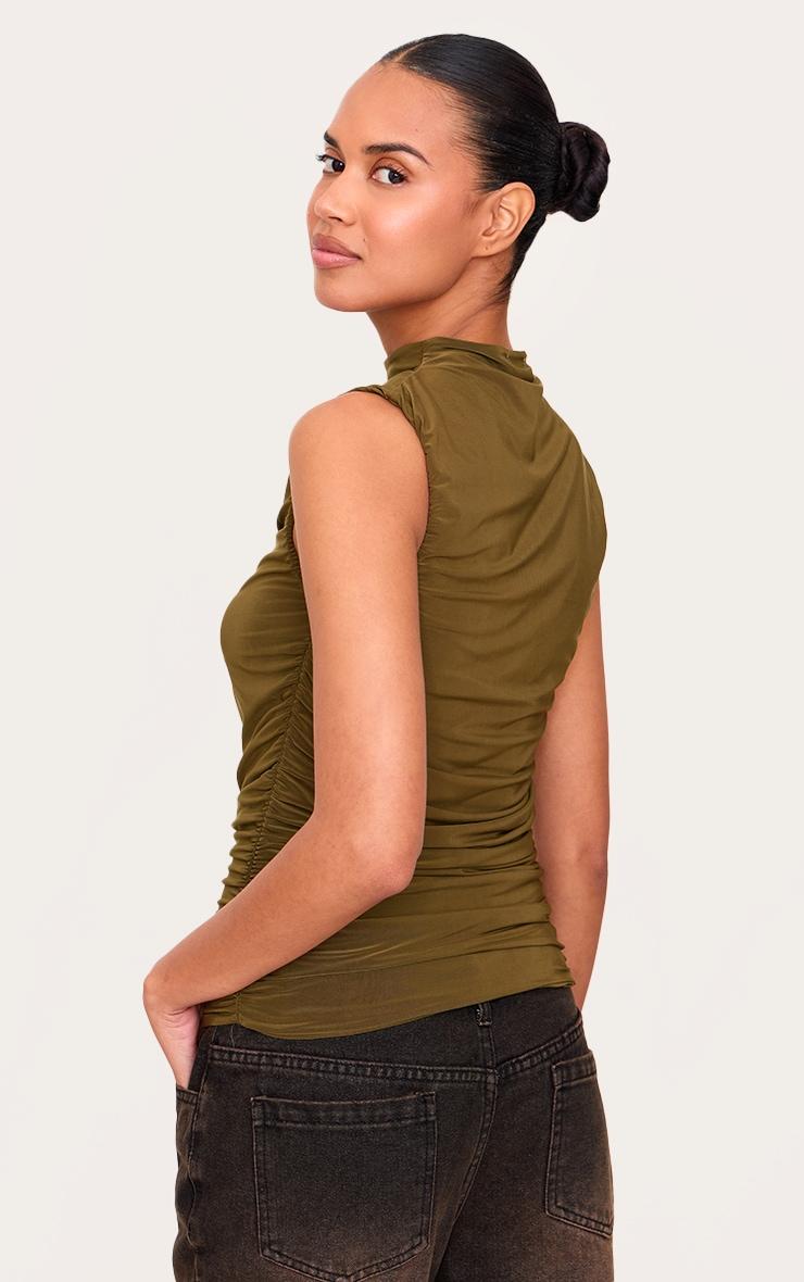 Olive Double Layer Slinky Ruched Detail Long Top Product Image