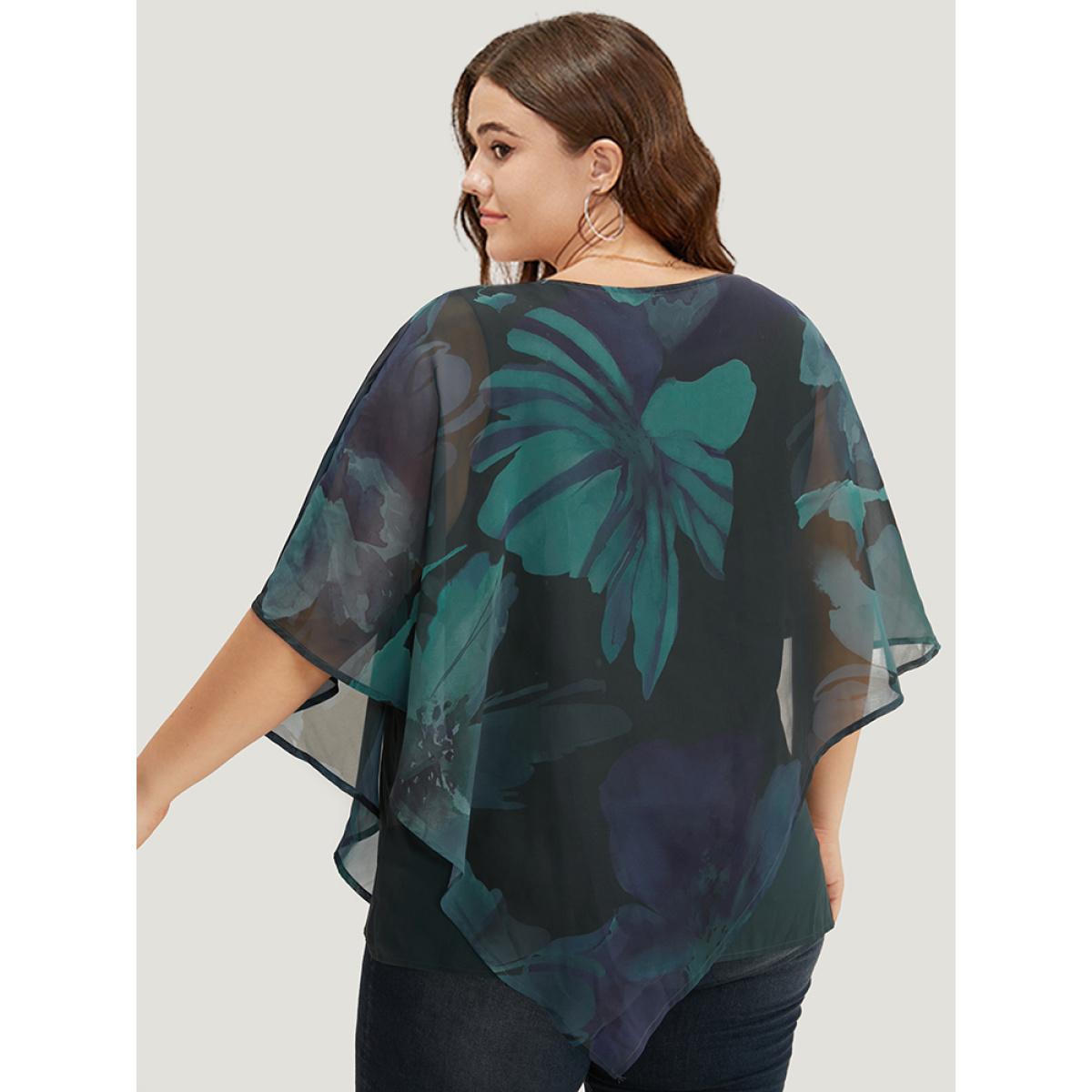 Plus Size Aegean Floral Mesh Asymmetrical Dolman Sleeve Blouse Women Glamour Short sleeve Round Neck Going out Blouses BloomChic 12/L Product Image