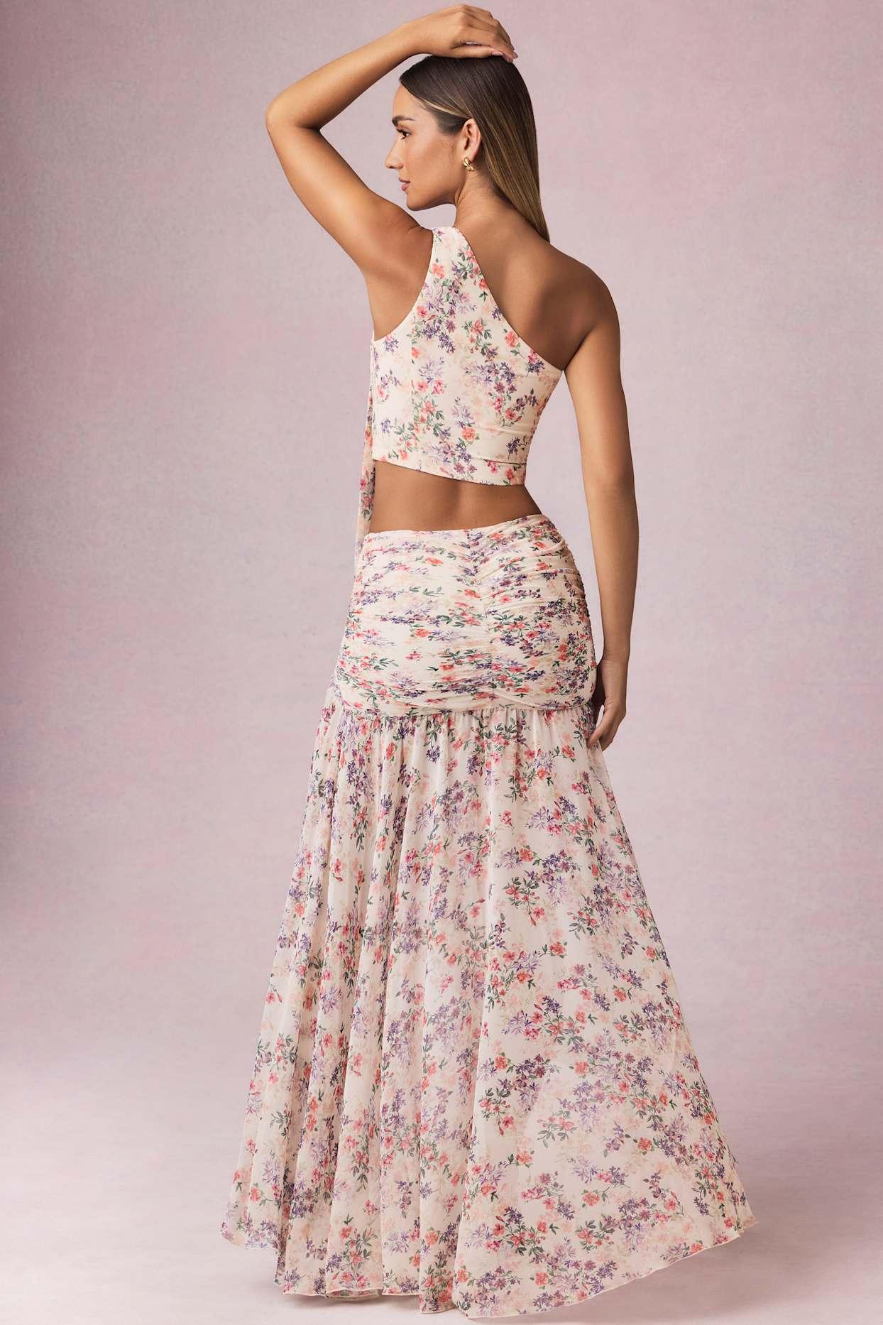 Asymmetric Ruched Maxi Skirt in Primrose Floral Print Product Image
