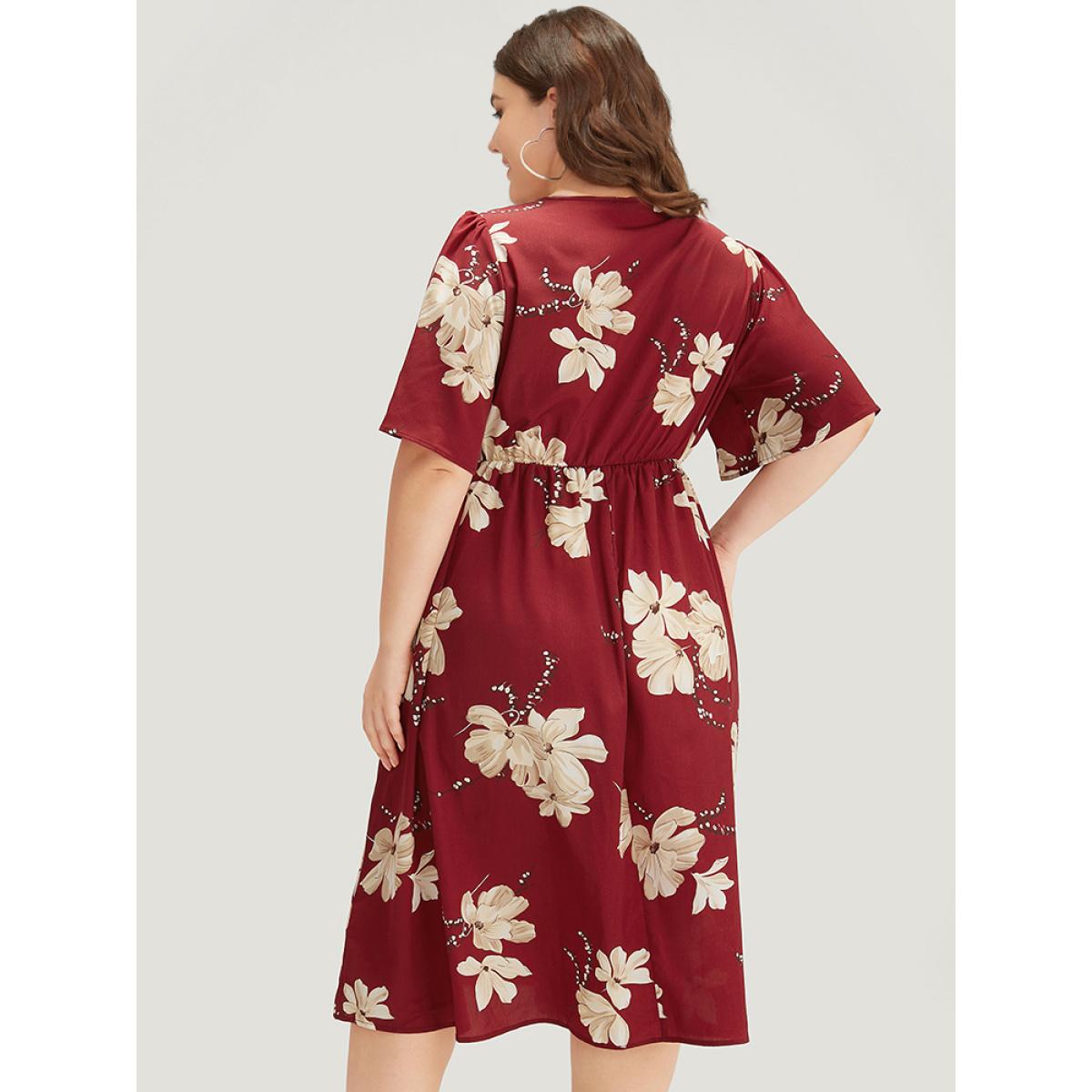 Plus Size Floral Print Knot Neck Pocket Ruffle Dress Burgundy Women Elegant Cross straps Tie Neck Short sleeve Curvy Midi Dress BloomChic 26/4X Product Image