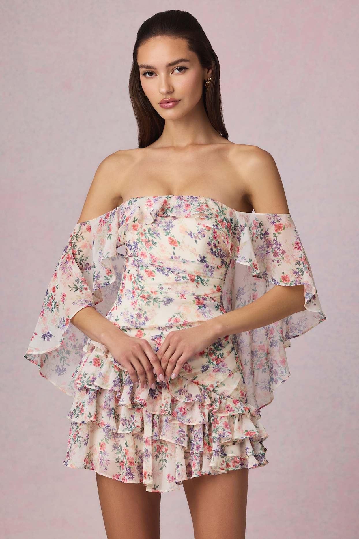 Off-Shoulder Ruffled Mini Dress in Primrose Floral Print Product Image