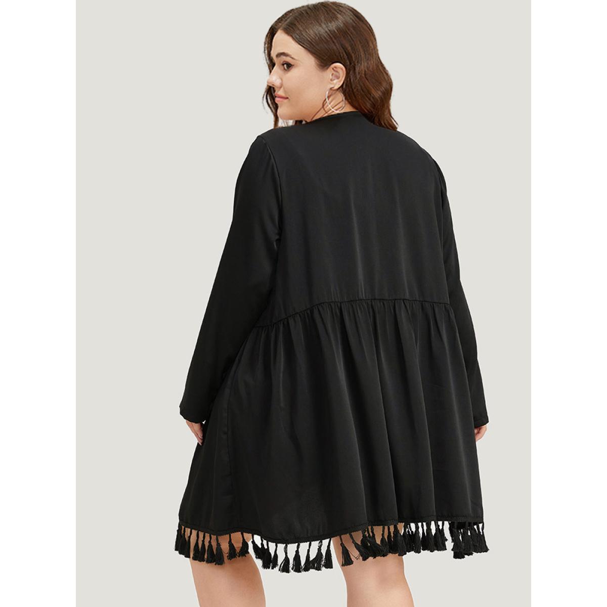 Plus Size Bandana Print Tassels Trim Open Front Kimono Women Black Casual Tassels Pocket Dailywear Kimonos BloomChic 12/L Product Image