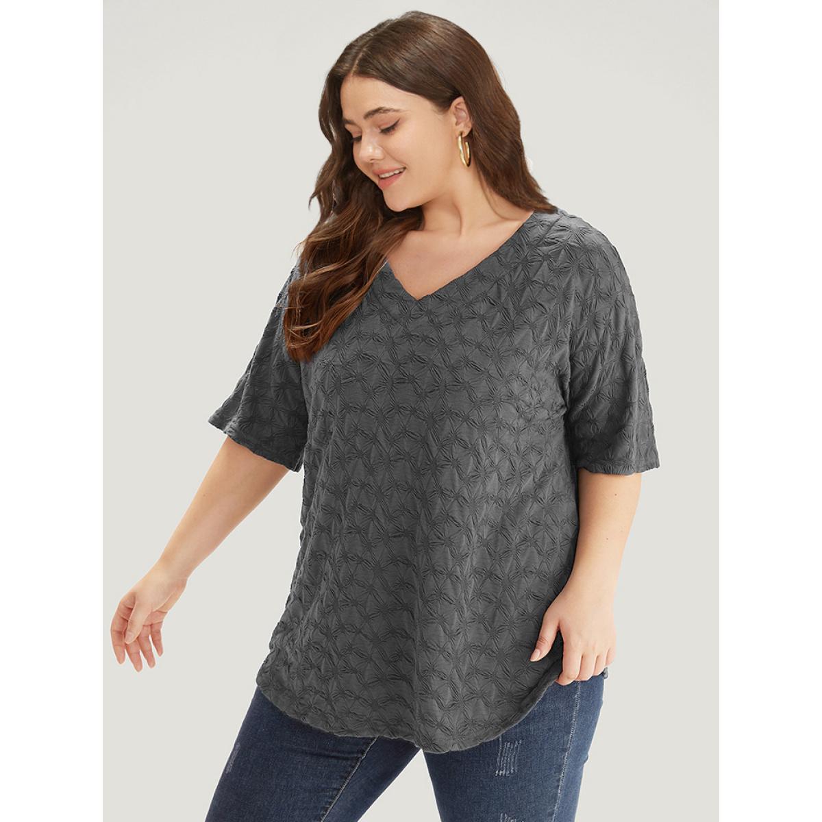 Plus Size Plain Textured V Neck Half Sleeve T-shirt Gray Women Elegant Texture Plain V-neck Dailywear T-shirts BloomChic 12/L Product Image