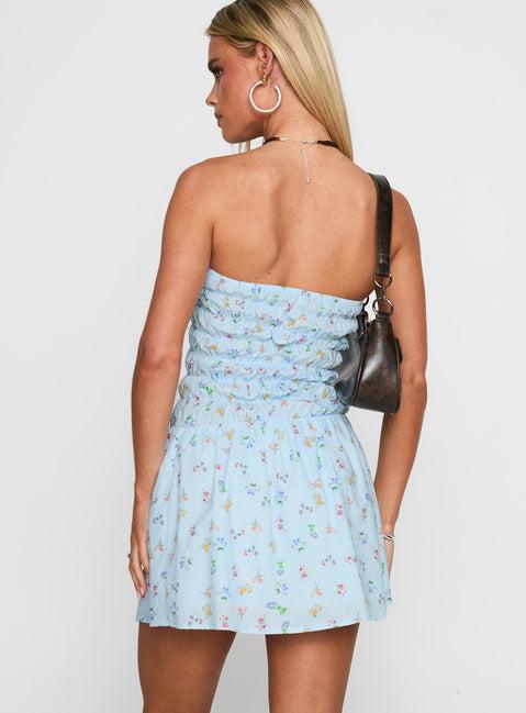 Wishing Wells Shirred Mini Dress Blue Floral Product Image
