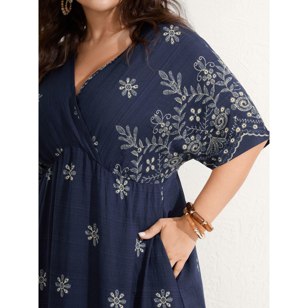 Plus Size Surplice Neck Split Side Pockets Midi Dress Midnight Women Boho Overlapping Overlap Collar Half Sleeve Curvy BloomChic 18-20/2X Product Image