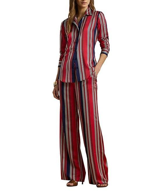 Lauren Ralph Lauren Satin Charmeuse Striped High Rise Wide Leg Pants Product Image