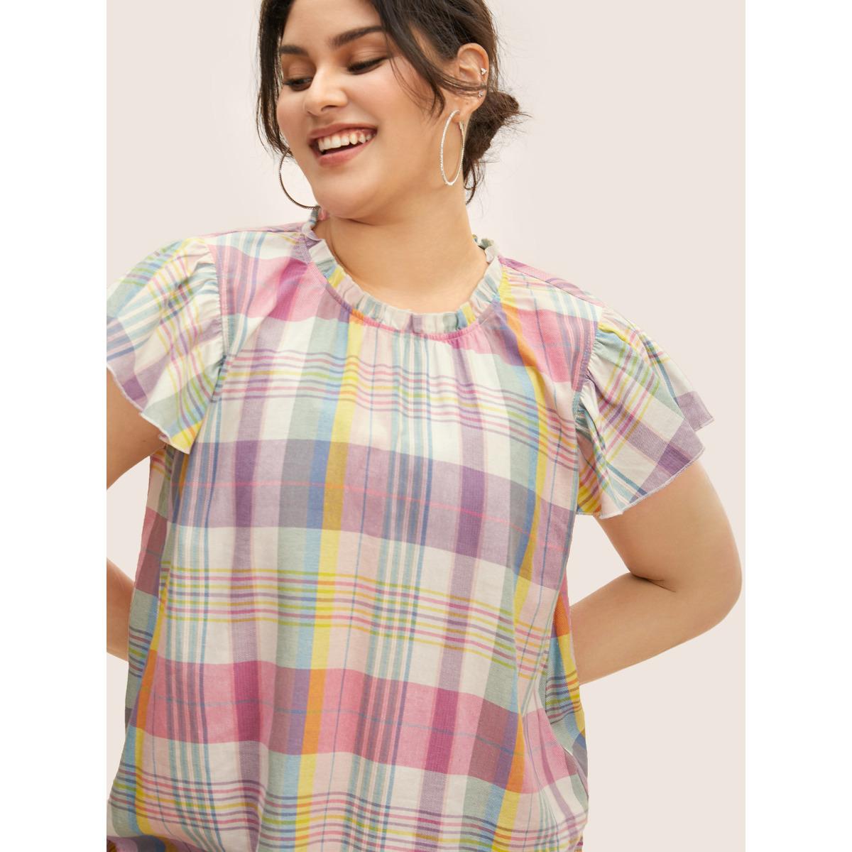 Plus Size Multicolor Crew Neck Colored Plaid Split Hem Blouse Women Casual Cap Sleeve Round Neck Everyday Blouses BloomChic 22-24/3X Product Image