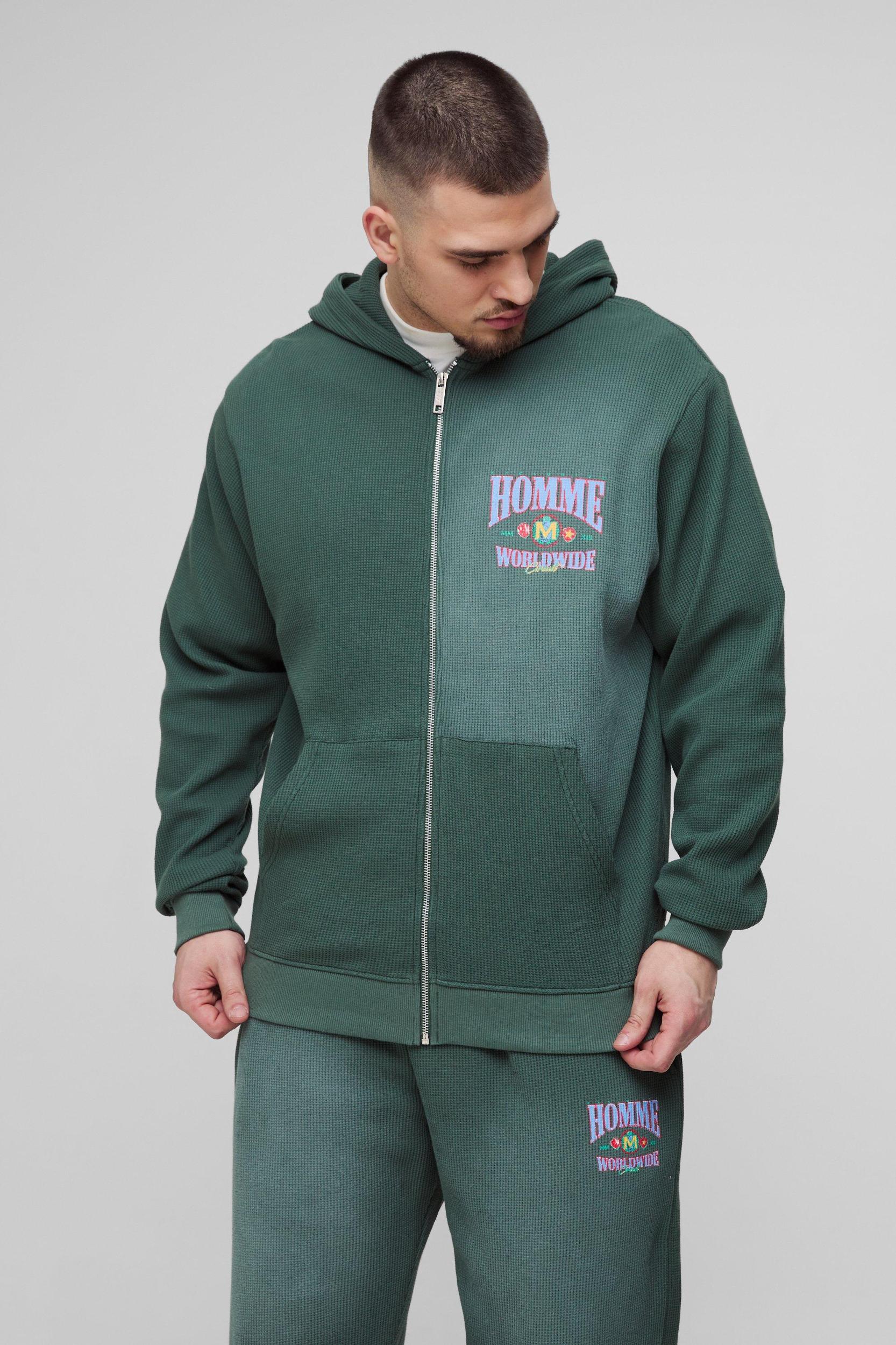 Tall Spray Wash Waffle Graphic Hooded Tracksuit | boohooMAN USA Product Image