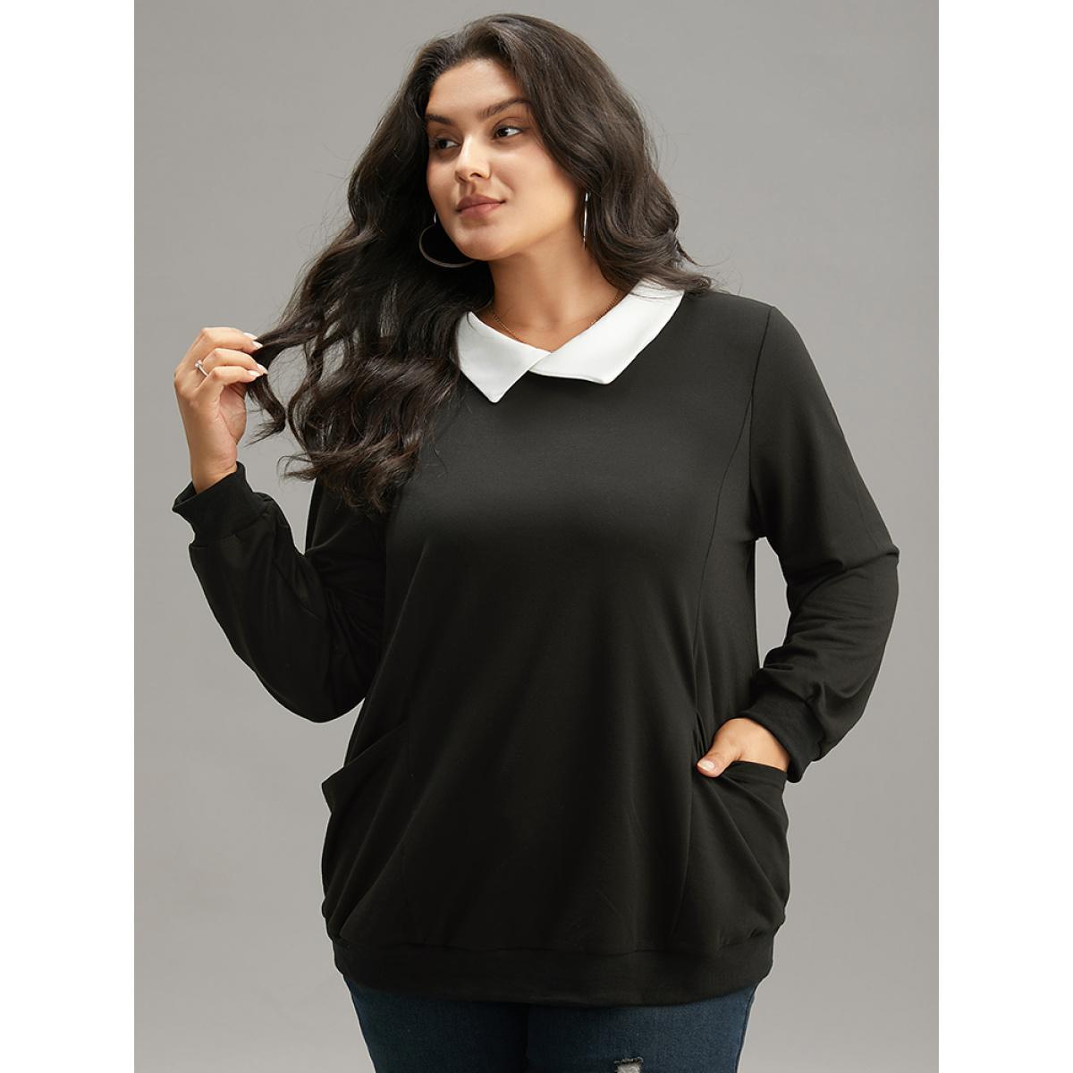 Plus Size Halloween Contrast Shirt Collar Patched Pocket Sweatshirt Women Black Casual Contrast Shirt collar Festival-Halloween Sweatshirts BloomChic 18-20/2X Product Image