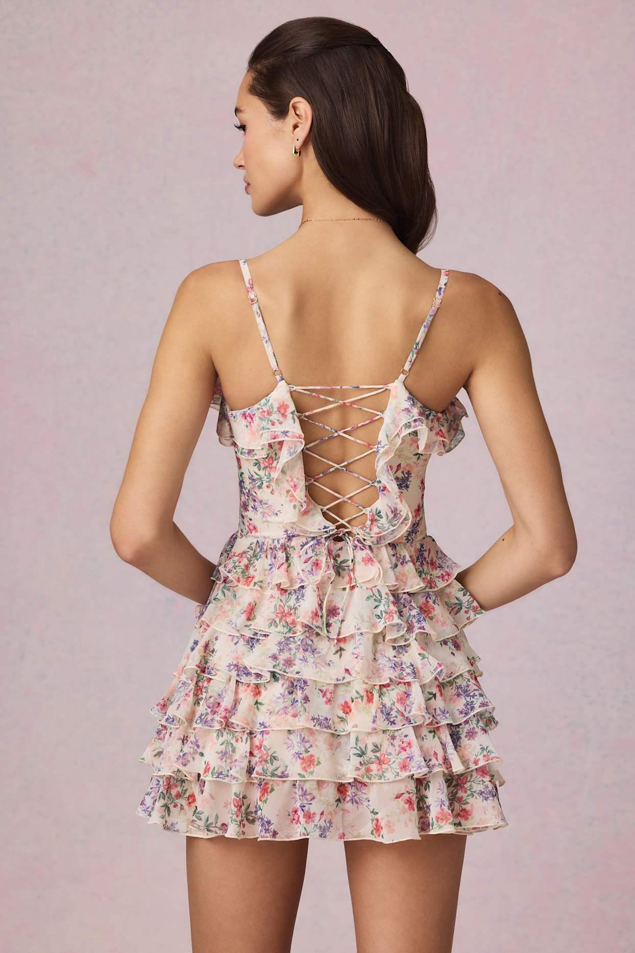 Ruffled Lace-Up A-Line Mini Dress in Primrose Floral Print Product Image