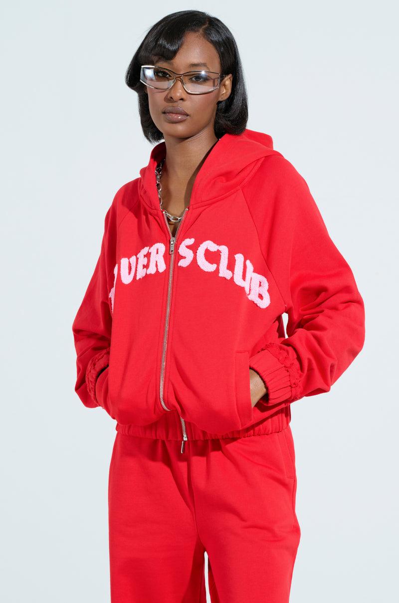 LOVERS CLUB ZIP UP HOODIE IN RED Product Image