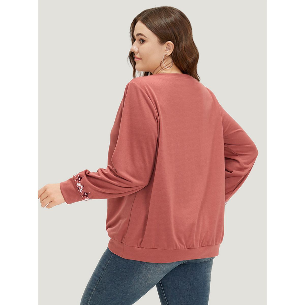 Plus Size Floral Embroidered Long Sleeve Crew Neck Sweatshirt Women DustyPink Elegant Elastic cuffs Round Neck Dailywear Sweatshirts BloomChic 28/5X Product Image