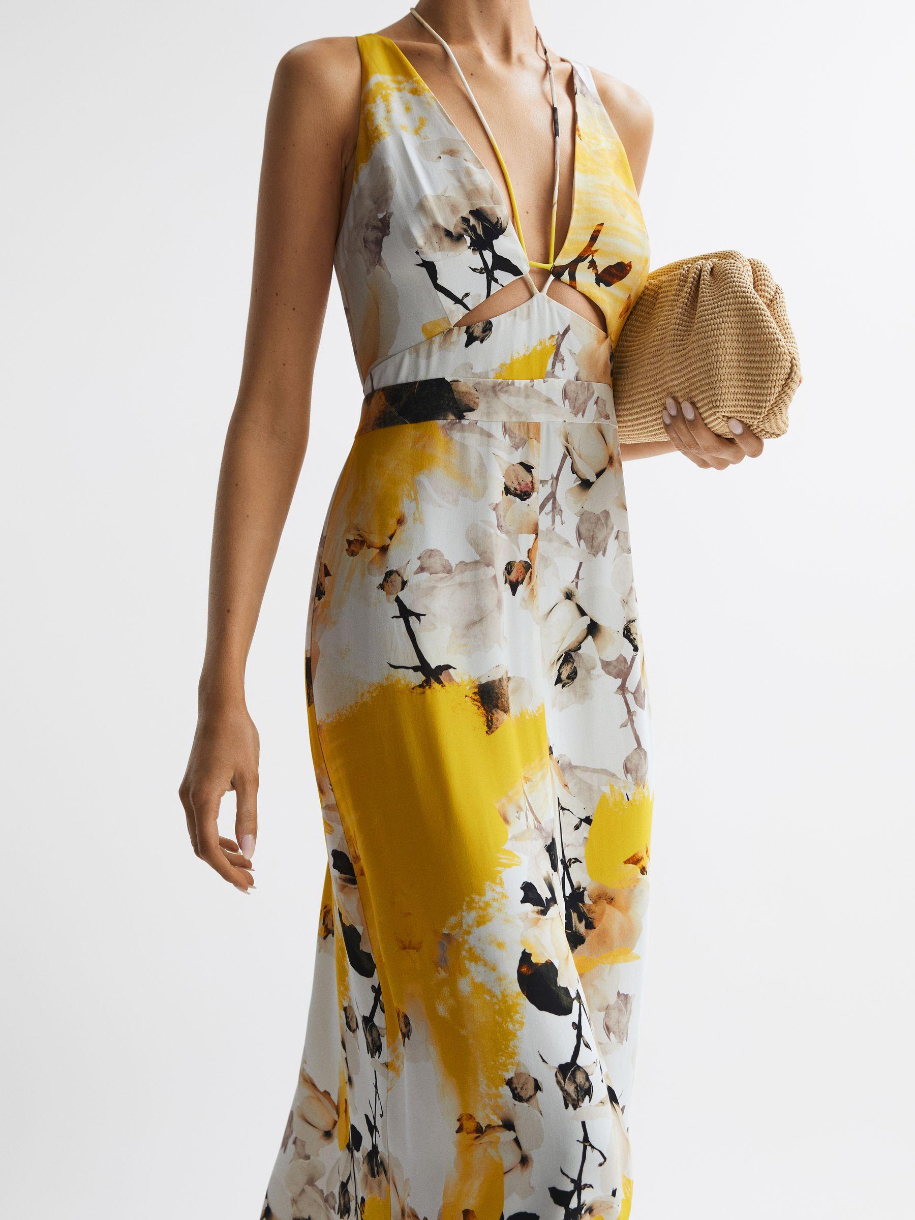 Fitted Floral Print Midi Dress in Yellow Product Image