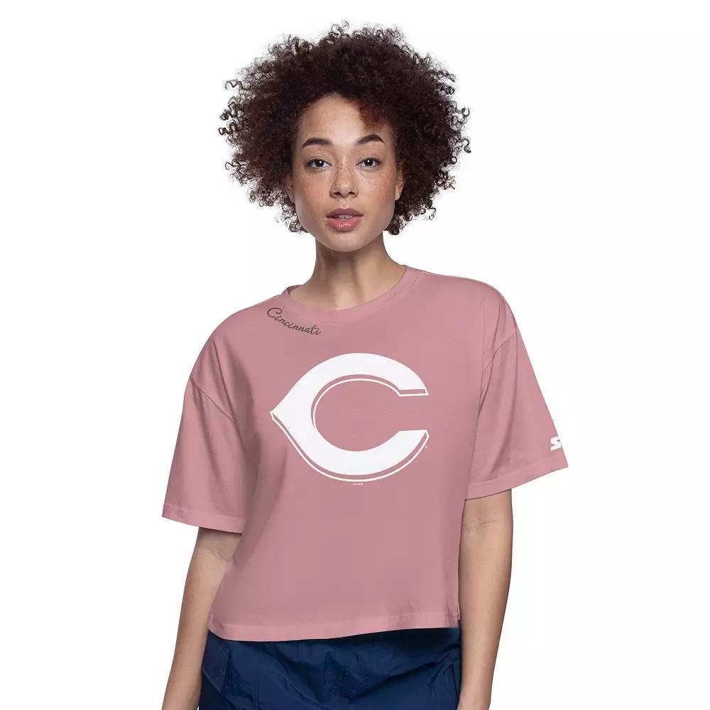Women's Starter Pink Cincinnati Reds Play the Ball Boxy Cropped T-Shirt,  Product Image