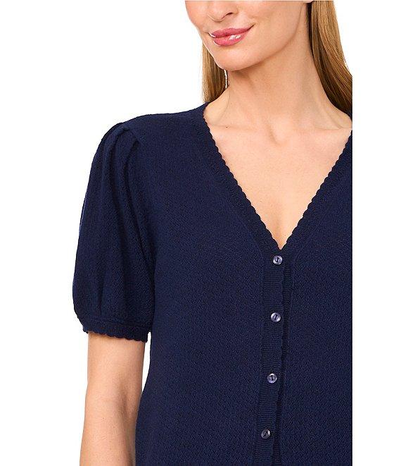 CeCe Pointelle Knit V-Neck Short Puff Sleeve Cardigan Product Image