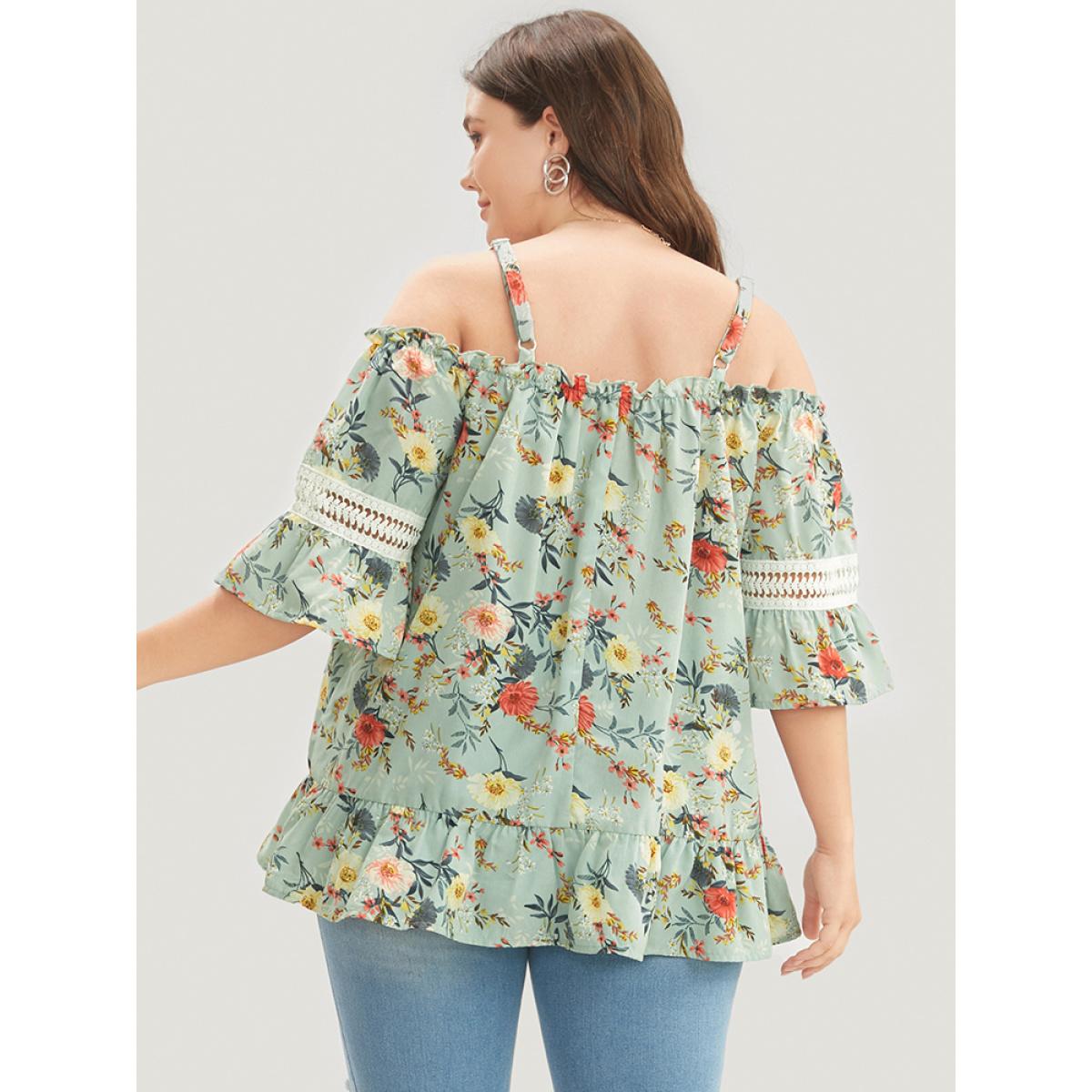 Plus Size Mint Floral Print Lace Insert Ruffles Cold Shoulder Blouse Women Elegant Short sleeve Cold Shoulder Dailywear Blouses BloomChic 14-16/1X Product Image
