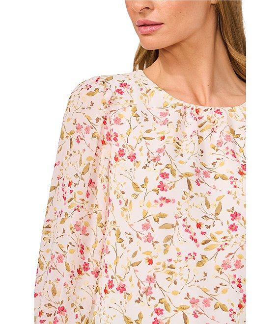 CeCe Textured Georgette Floral Round Neck Long Sleeve Smocked Cuff Blouse Product Image