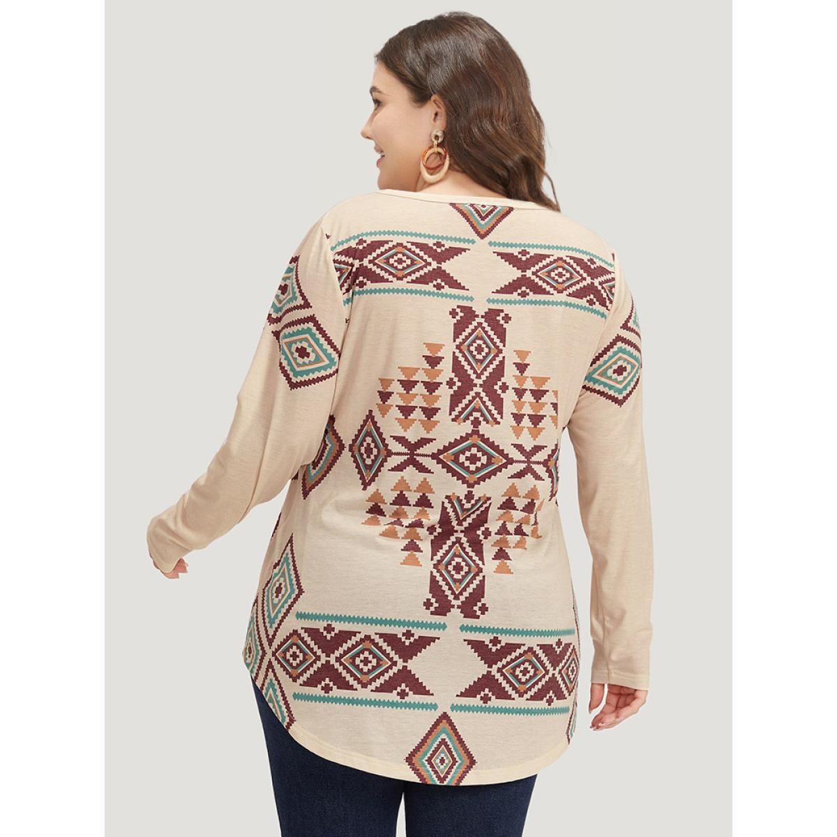 Plus Size Boho Print Crew Neck Curved Hem T-shirt Apricot Women Casual Printed Bohemian Print Round Neck Dailywear T-shirts BloomChic 14-16/1X Product Image