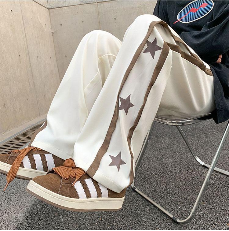 Drawstring Waist Star Print Panel Straight Leg Pants Product Image