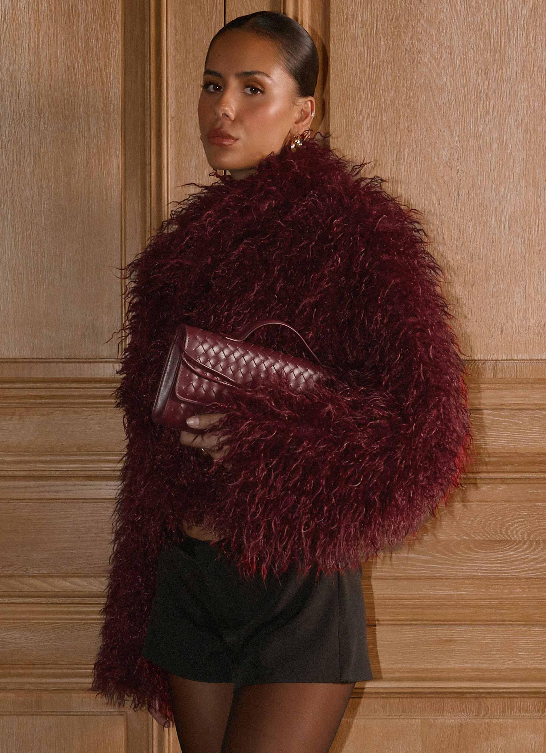 Virginia Cropped Faux Fur Jacket - Maroon Product Image