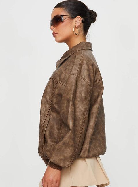 Goldsmith Faux Leather Bomber Jacket Washed Brown Product Image