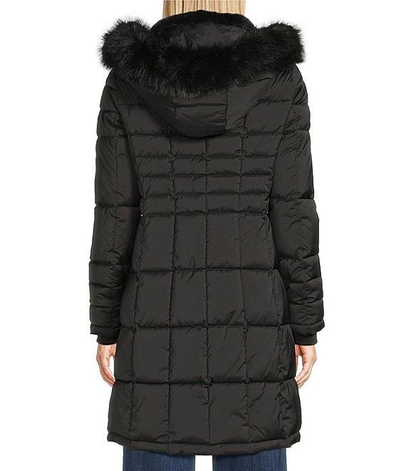 Donna Karan Faux Fur Trim Hooded Neck Zip Front Walker Puffer Coat Product Image