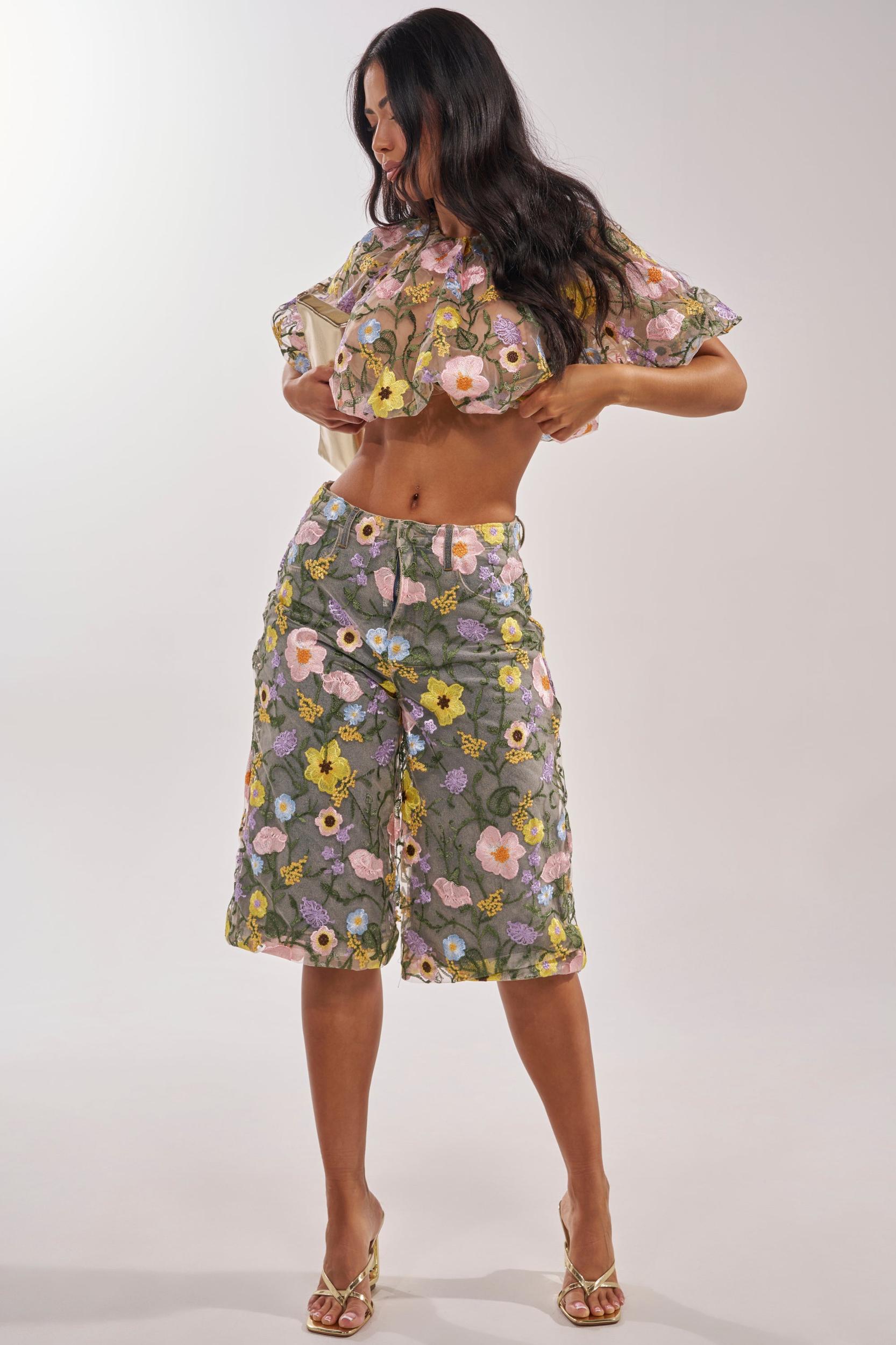 GARDEN PARTY STRETCH DENIM WITH FLORAL TULLE BERMUDA SHORTS Product Image