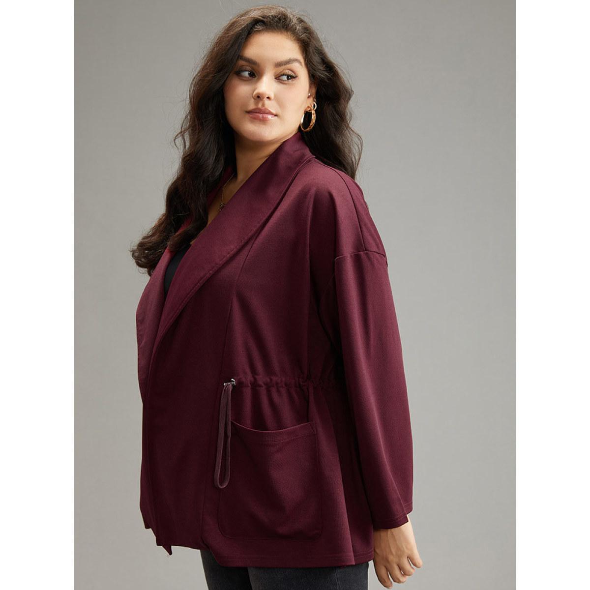 Plus Size Supersoft Essentials Lapel Collar Drawstring Pocket Jacket Women Burgundy Plain Pocket Everyday Jackets BloomChic 28/5X Product Image