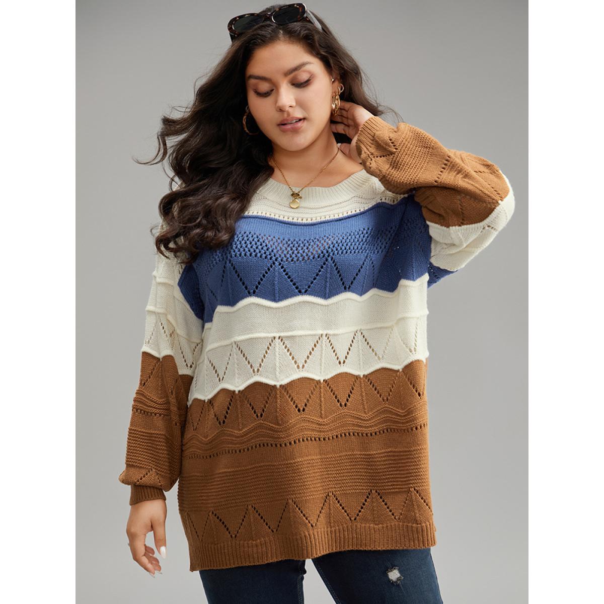 Plus Size Contrast Eyelet Patchwork Elastic Cuffs Pullover Multicolor Women Casual Loose Long Sleeve Round Neck Dailywear Pullovers BloomChic 28/5X Product Image