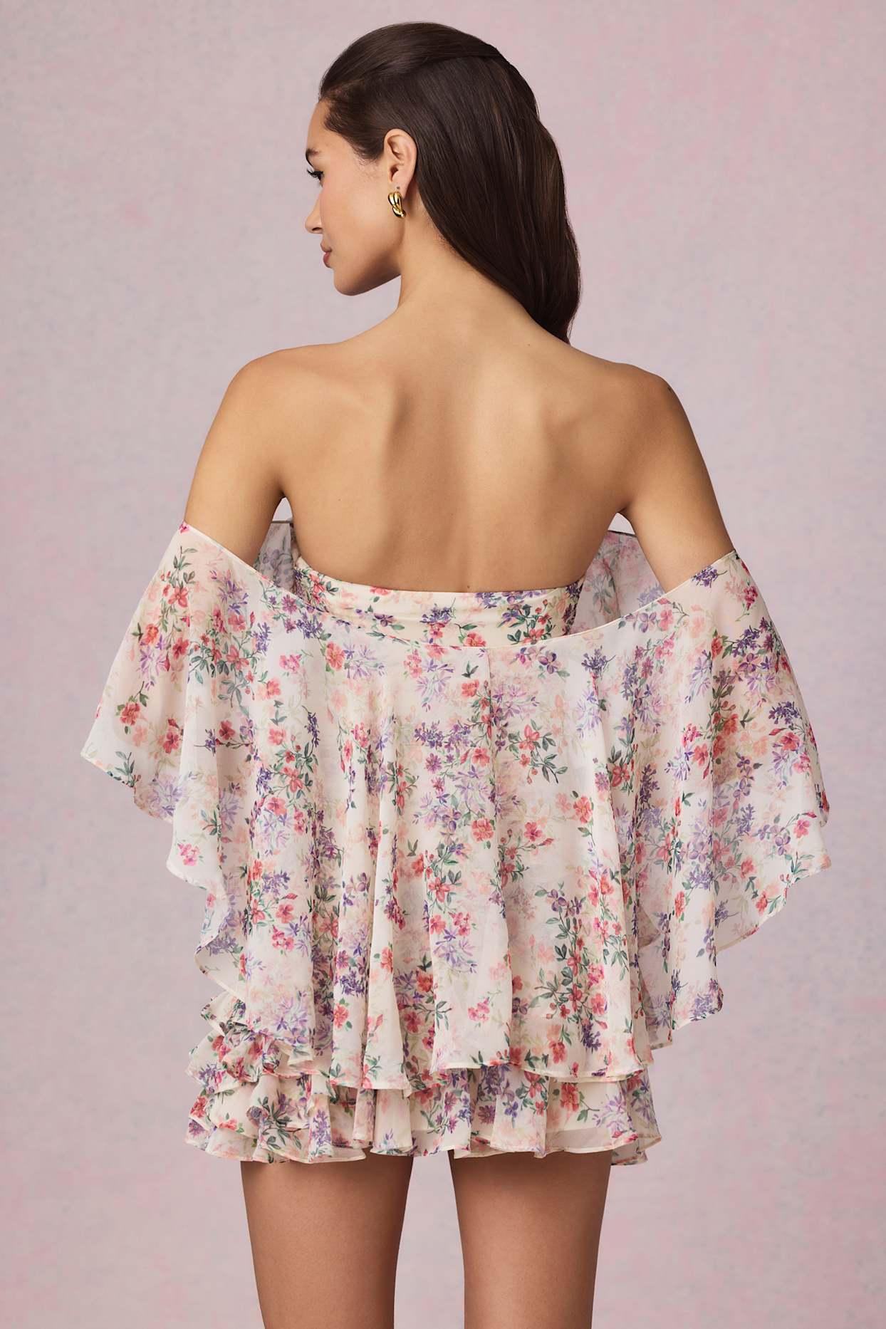 Off-Shoulder Ruffled Mini Dress in Primrose Floral Print Product Image