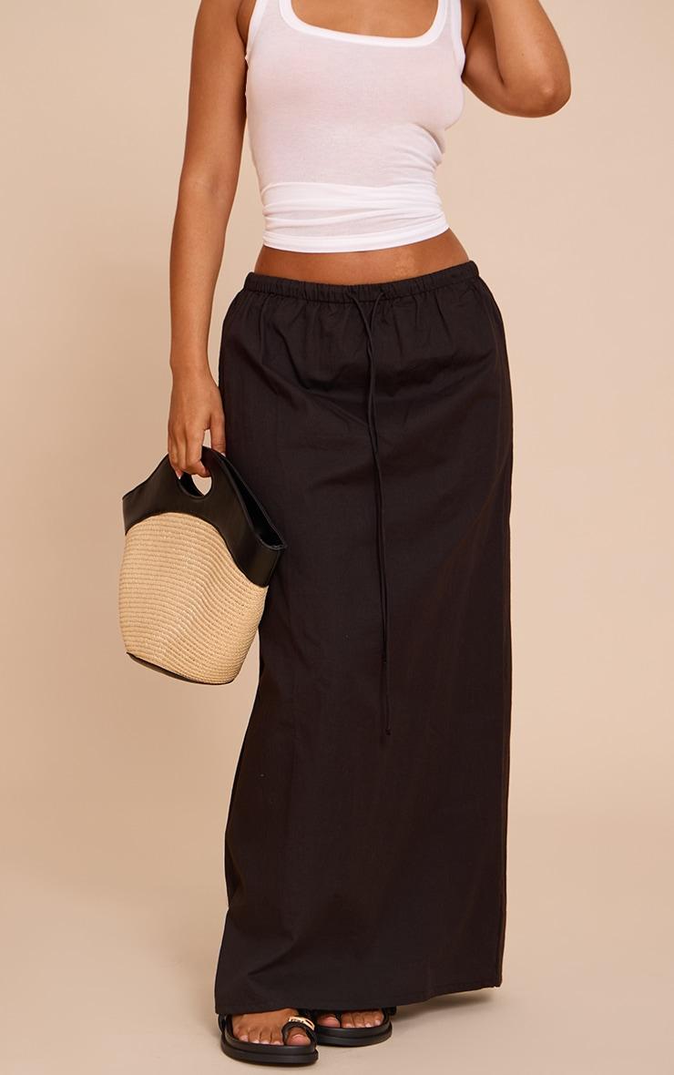 Petite Black Cotton Drawstring Tie Maxi Skirt Product Image