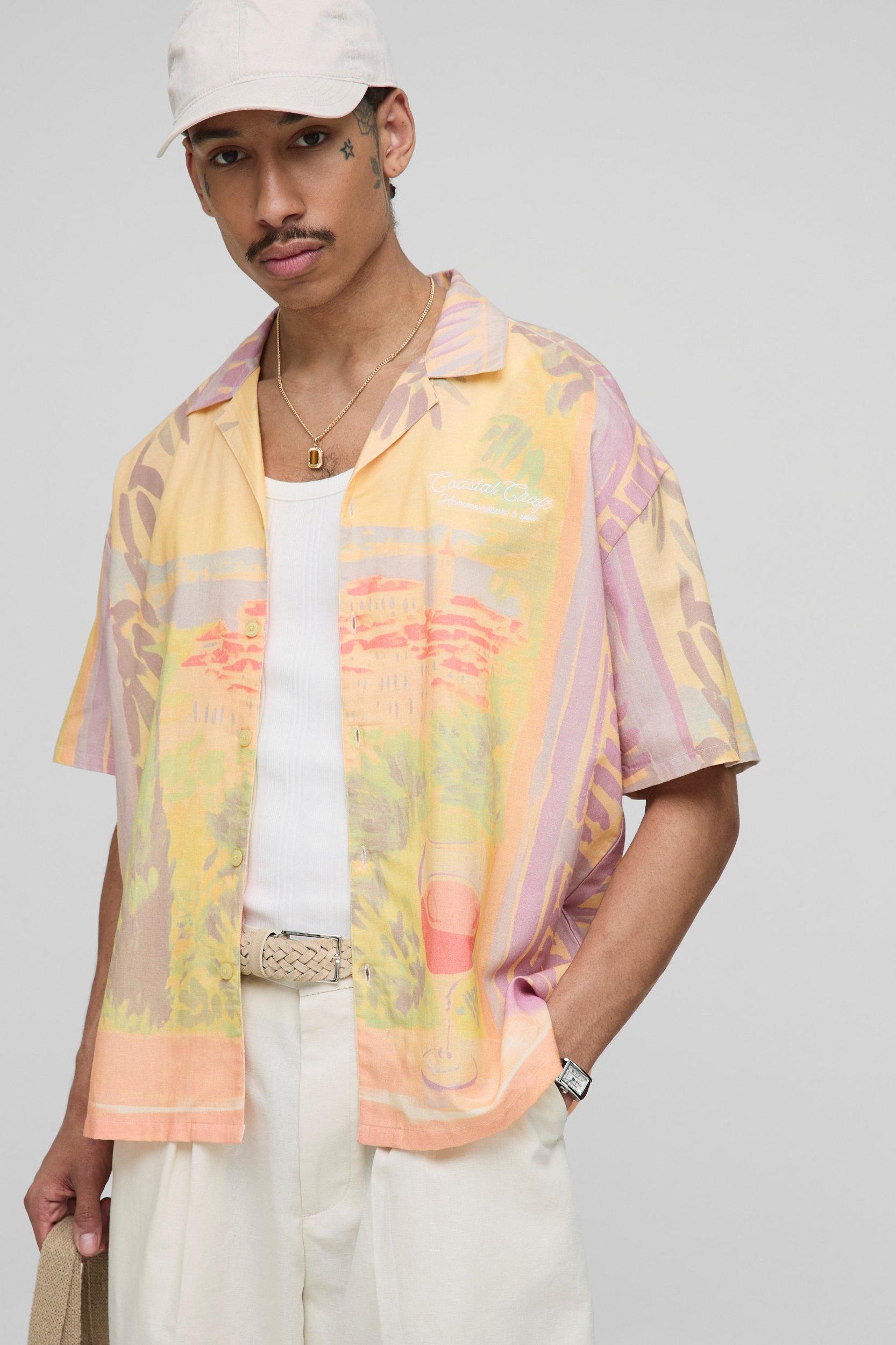 Oversized Scenic Graphic Linen Blend Shirt | boohooMAN USA Product Image