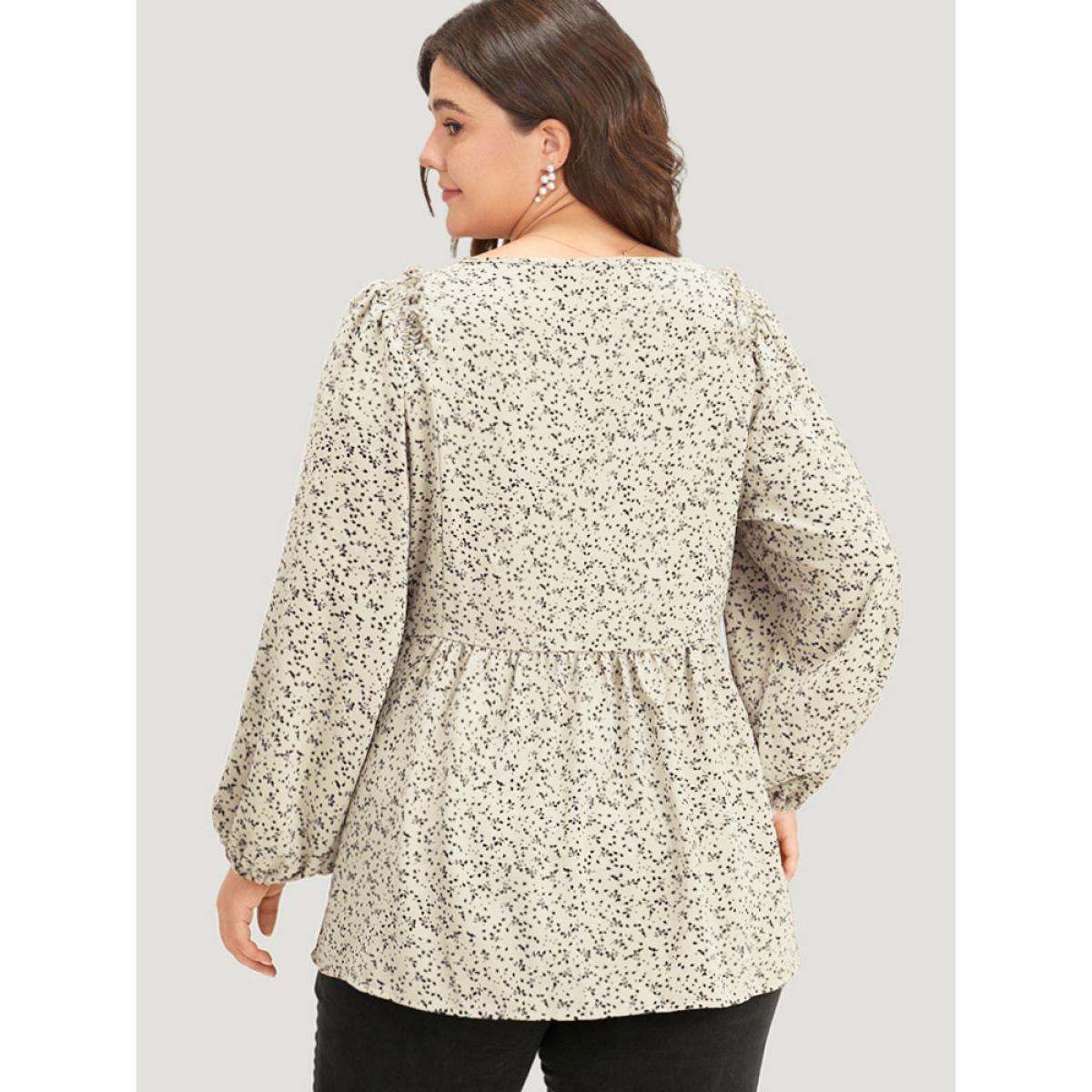 Plus Size White Ditsy Floral Shirred V Neck Frill Trim Blouse Women Elegant Long Sleeve V-neck Dailywear Blouses BloomChic 28/5X Product Image