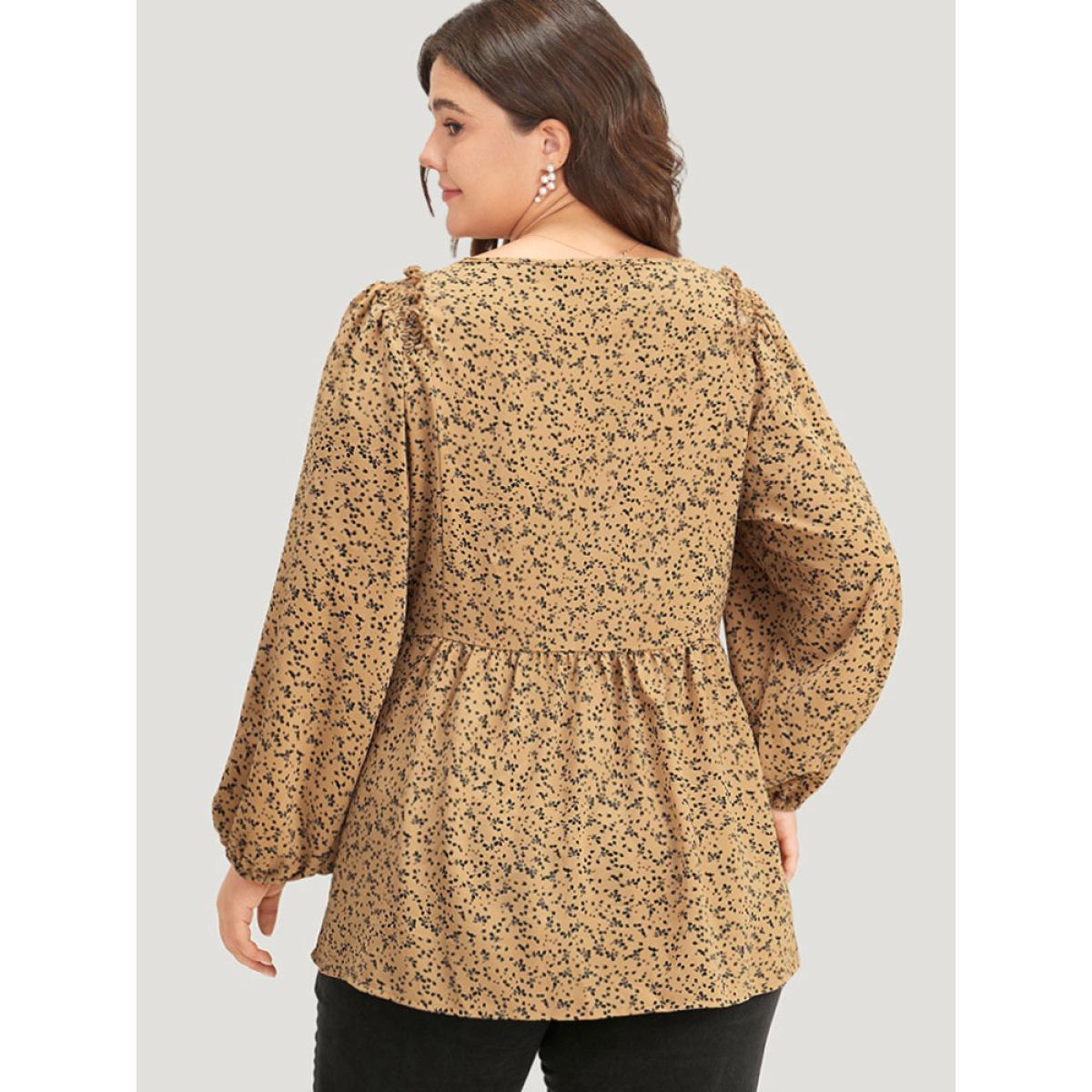 Plus Size LightBrown Ditsy Floral Shirred V Neck Frill Trim Blouse Women Elegant Long Sleeve V-neck Dailywear Blouses BloomChic 22-24/3X Product Image