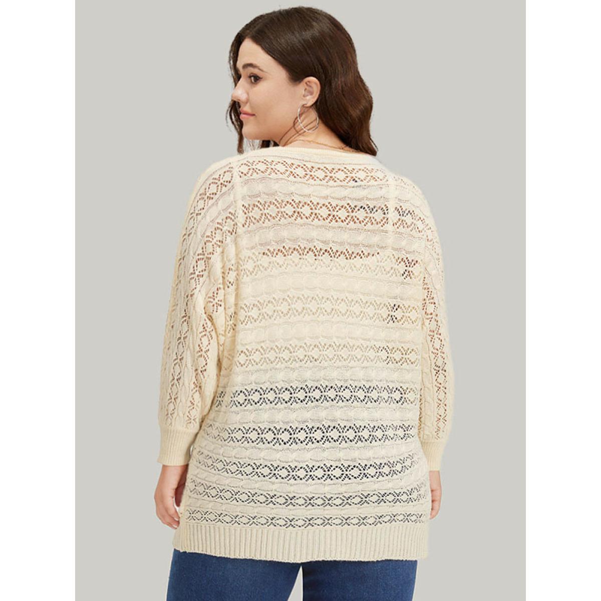 Plus Size Plisse Eyelet Dolman Sleeve Elastic Cuffs Pullover Beige Women Casual Loose Long Sleeve Round Neck Dailywear Pullovers BloomChic 22-24/3X Product Image