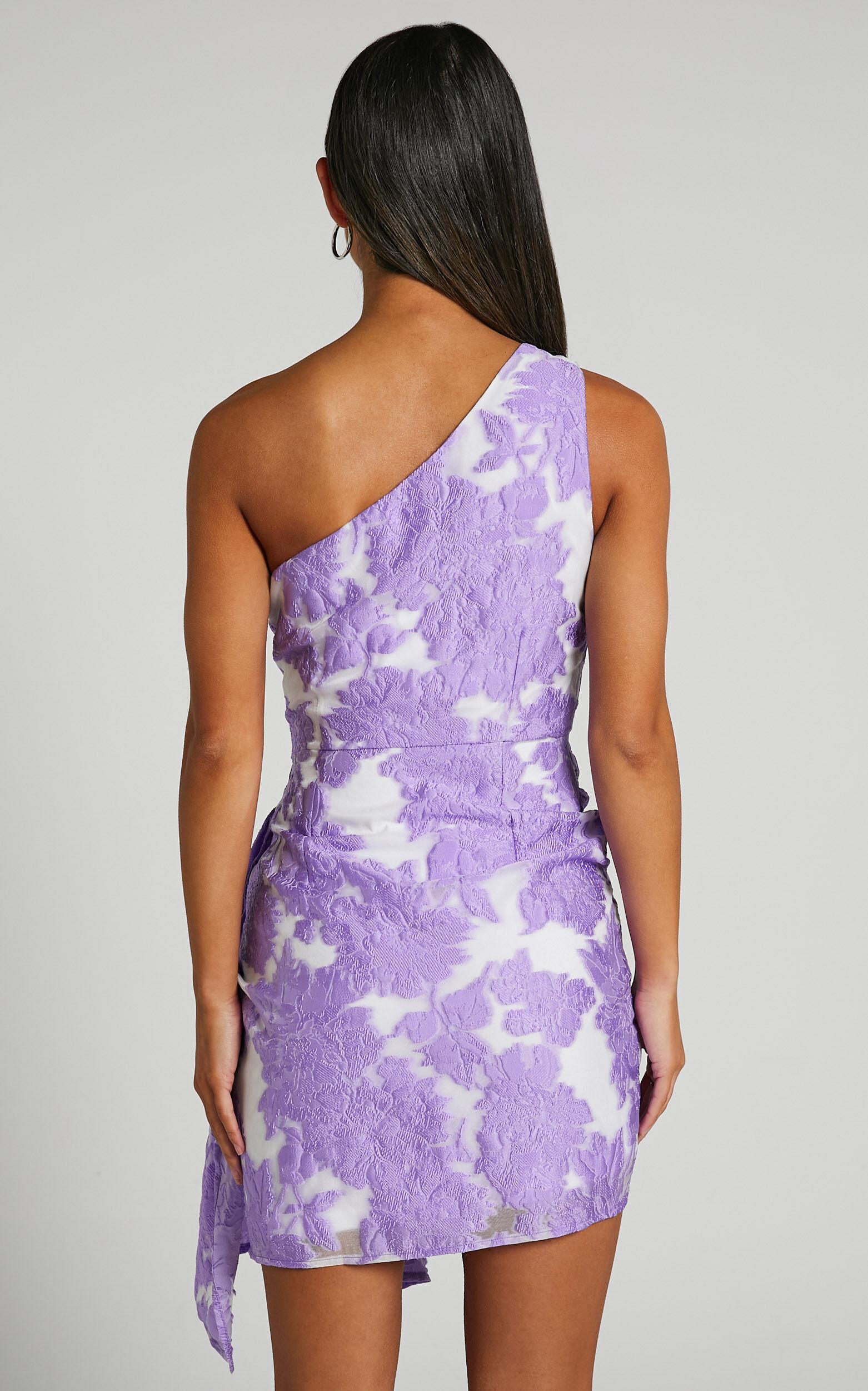 Brailey Mini Dress - One Shoulder Wrap Front Dress in Purple Jacquard Product Image