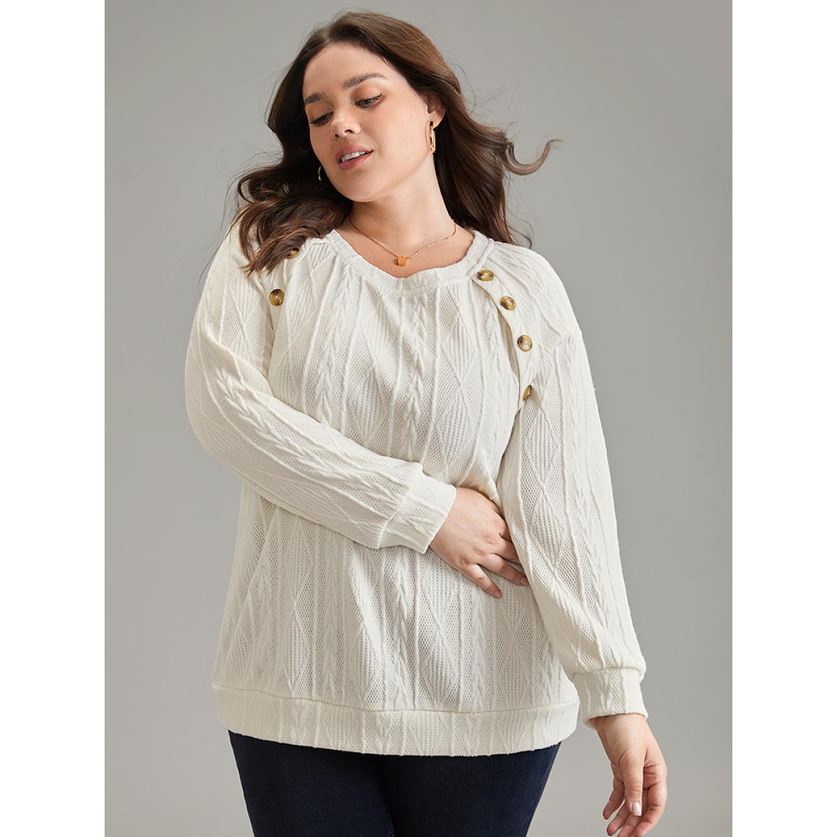 Plus Size Plain Texture Button Detail Knit Sweatshirt Women White Elegant Texture Round Neck Dailywear Sweatshirts BloomChic 14-16/1X Product Image
